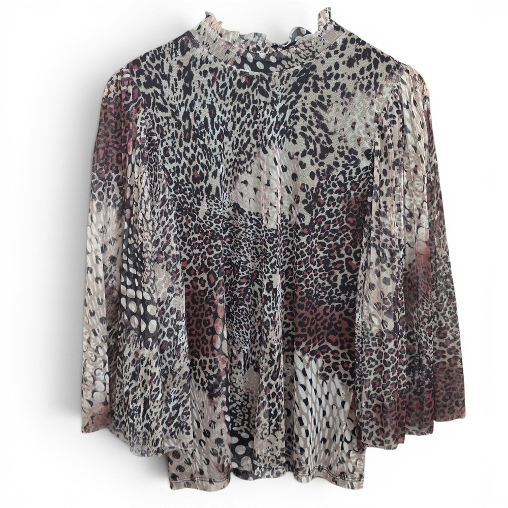 Chicos Top Womens 1 US Medium Taupe Mesh Mock Neck Blouse Button Lined Casual